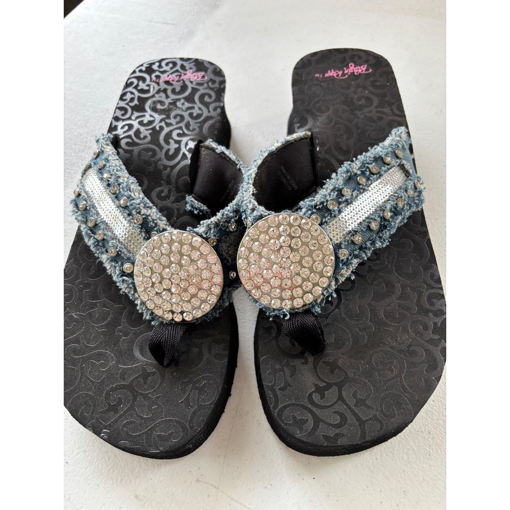Bling Roxx Womens Denim Rhinestone Platform Flip Flops Black Blue 4112401-11